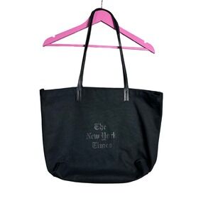 The New York Times Black Canvas Tote Bag Embroidered Logo Shopper Tonal Black